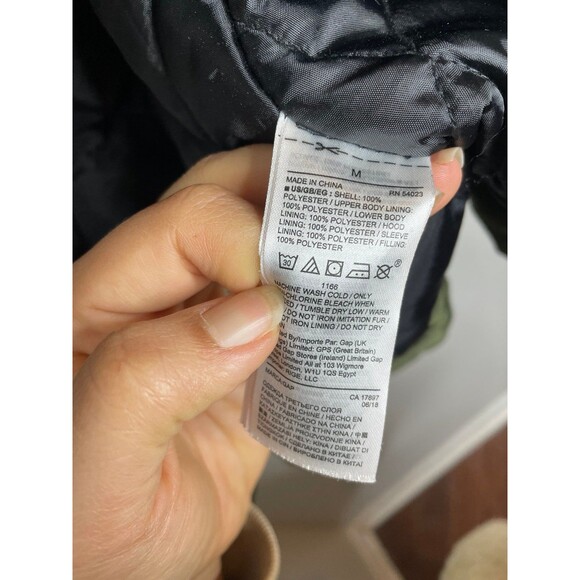 GAP Olive Green Faux Fur Hood Parka Coat Women’s M Long Puffer Utility Jacket - Picture 7 of 7